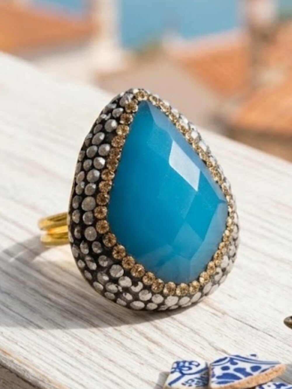 Turkish Aegean Blue Cat's Eye Hematite 18K Gold Plated Cocktail Ring Adj 7-9